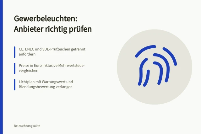 Checkliste zur Auswahl von Anbietern für Gewerbeleuchten mit Nachweisen und Normen. Checkliste für die Anbieterauswahl bei Gewerbeleuchten