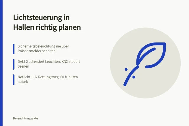 Lichtsteuerung in Hallen mit Präsenzmeldern, Tageslichtsensoren und Notlicht. Lichtsteuerung für Hallen: Präsenz, Tageslicht und Notlicht richtig einbinden