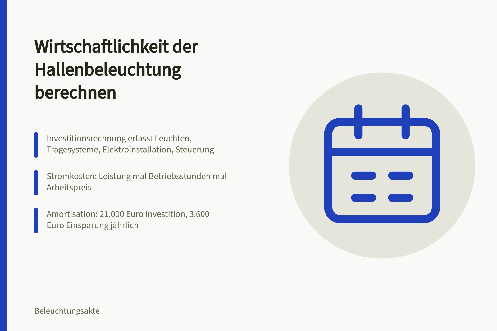 Kalkulationsschema für Hallenbeleuchtung mit Investition, Stromkosten und Amortisation