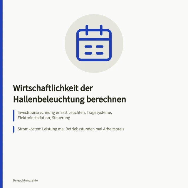 Kalkulationsschema für Hallenbeleuchtung mit Investition, Stromkosten und Amortisation. Mit welchen Kalkulationsschemata wird die Wirtschaftlichkeit der Hallenbeleuchtung geprüft?