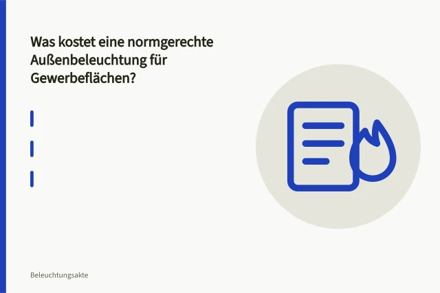 LED-Flächenstrahler auf acht Meter hohem Mast beleuchtet Gewerbegrundstück in der Dämmerung. Was kostet eine normgerechte Außenbeleuchtung für Gewerbeflächen?